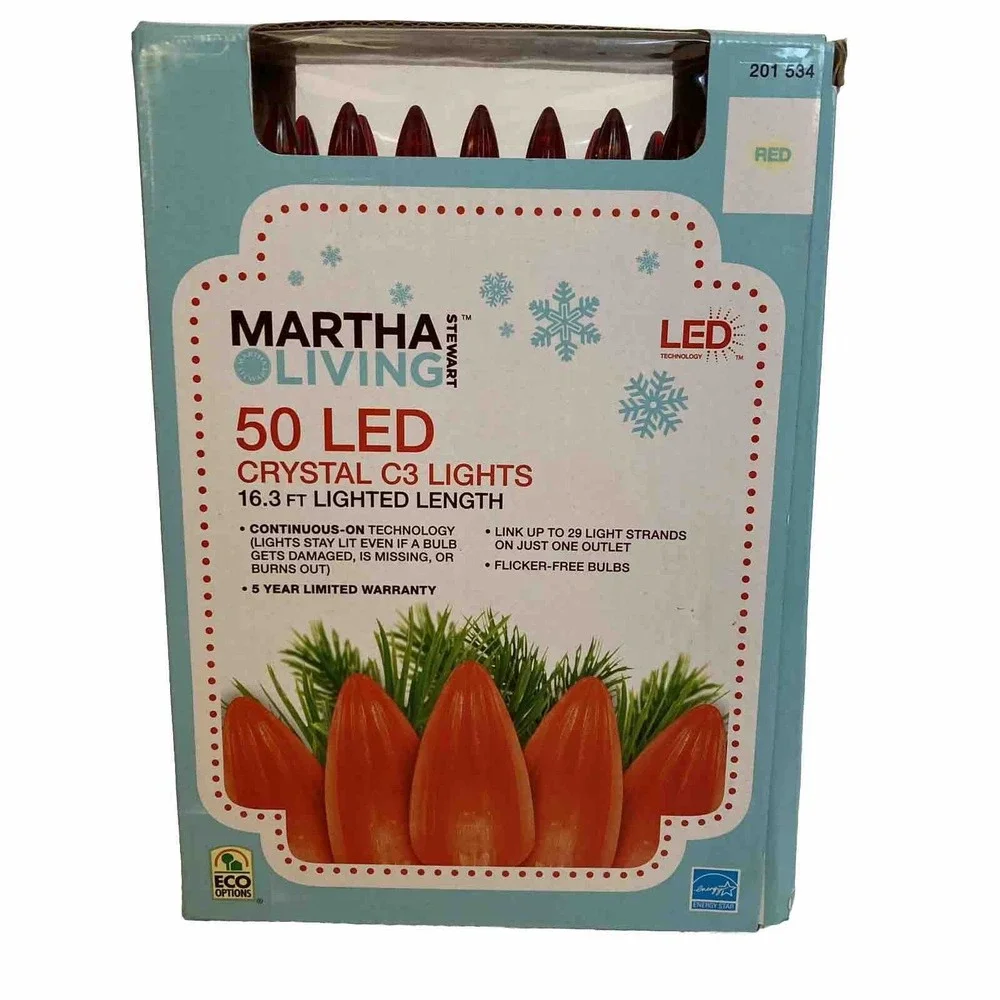 Martha Stewart Living 50 LED Crystal C3 Lights Red 16.3 Ft Lighted Length NEW